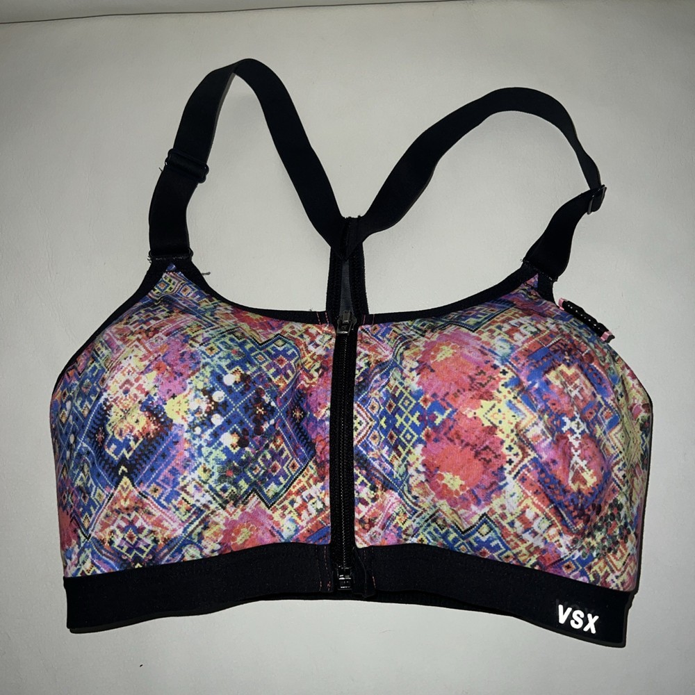 Victoria's Secret VSX Sport Wireless Front Zip Multicolor Print Sports Bra 32D