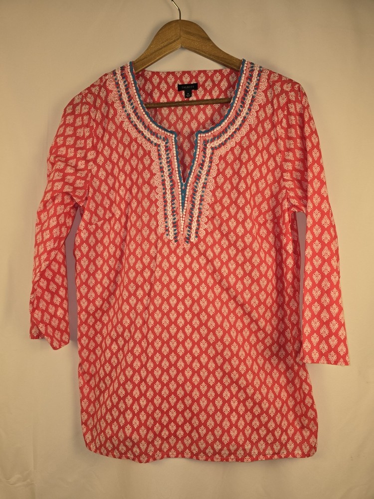 Women's Talbots Pink White Embroidered Voile Peasant Tunic Blouse Size Medium