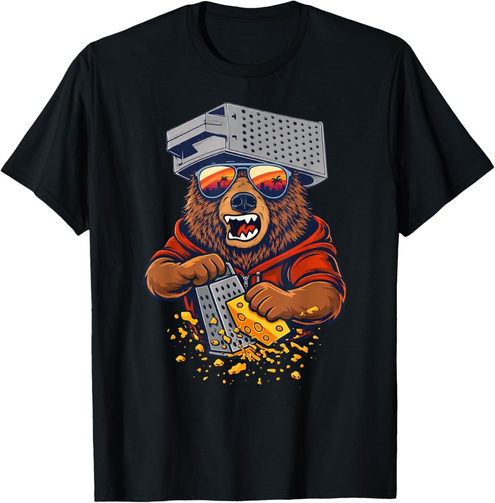 Retro Bear with Cheese Grater Hat and Sunglasses Funny T-Shirt