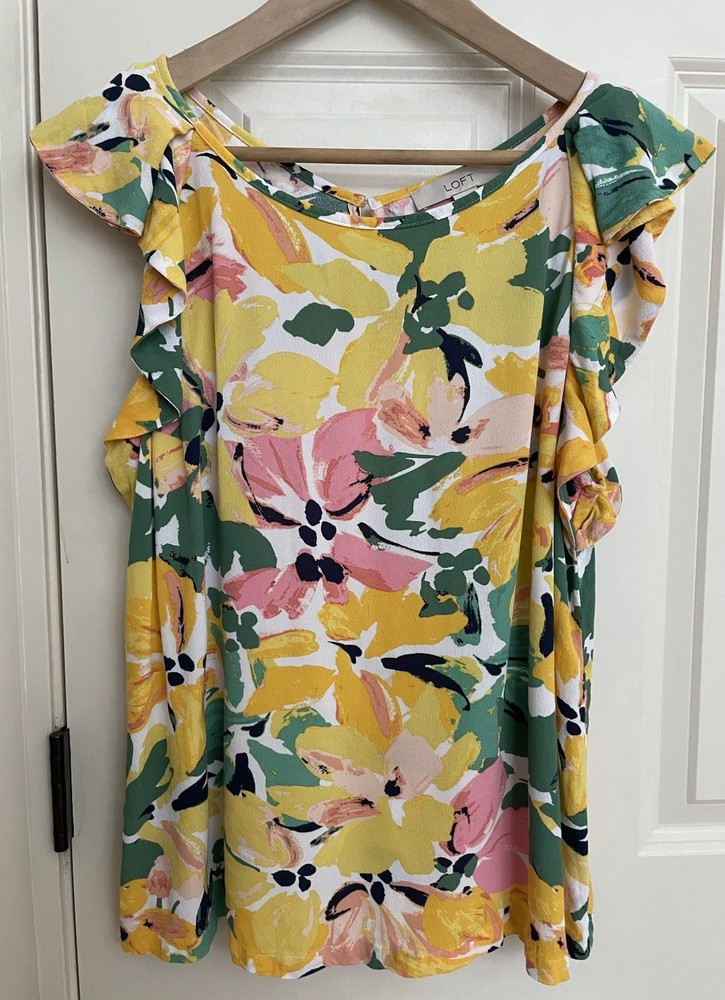 Loft Womens Yellow Floral Top Sz L Ruffle Sleeveless Sun Summer Beach Vaca