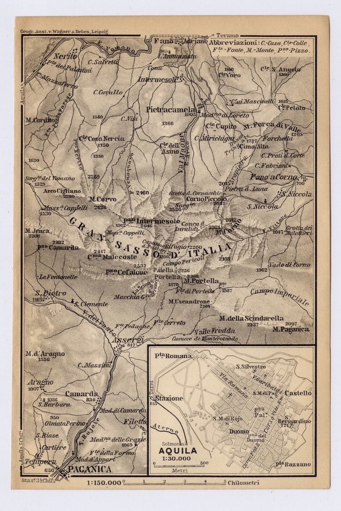 1900 Antique Map Of Gran Sasso / Paganica / Aquila / Italy