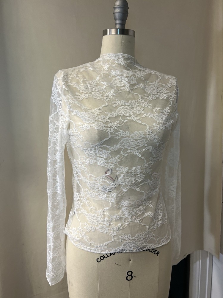 White Lace Sheer Floral Mock Neck Long Sleeve Women's Blouse Size 8