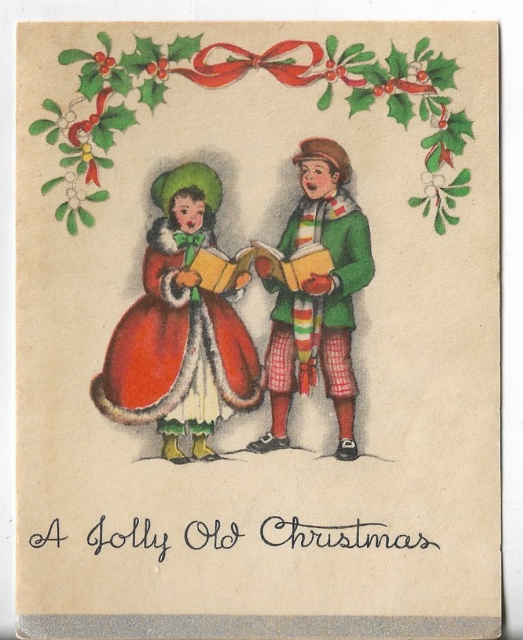 Vtg CHRISTMAS CARD 3.5x4.5 Little Girl and Boy Singing Carols -A Jolly Old Xmas