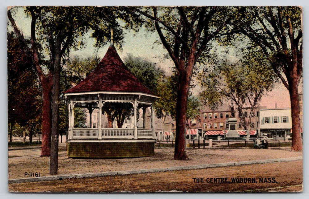 Woburn Massachusetts~Centre Park View~Statue~Gazebo~Awnings~People~1918 Postcard