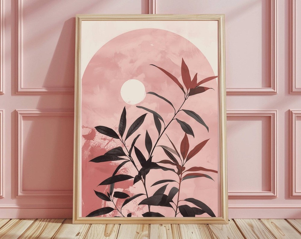 Large Pink Minimalist Japandi Wall Art Boho Botanical Print Gift For Plant