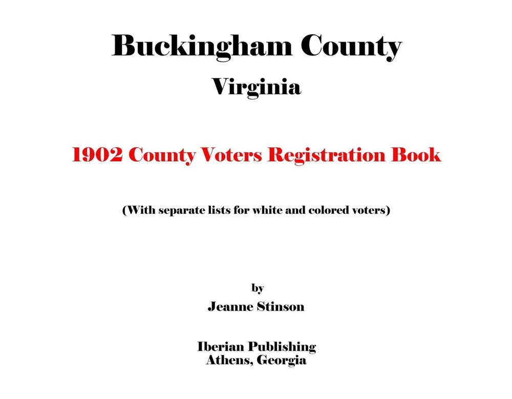 Buckingham County, Virginia 1902 County Voters Registration Book Genealogy