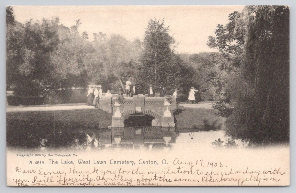Canton Ohio West Lawn Cemetery Lake Bridge Vintage Postcard 1906 Posted