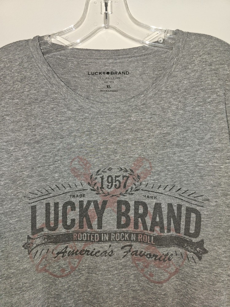Lucky Brand Rooted In Rock N Roll Xl Mens Gray Graphic Logo Short Sleeve Tee