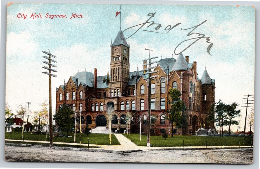 Saginaw Michigan~City Hall Building From Street~Vintage Postcard