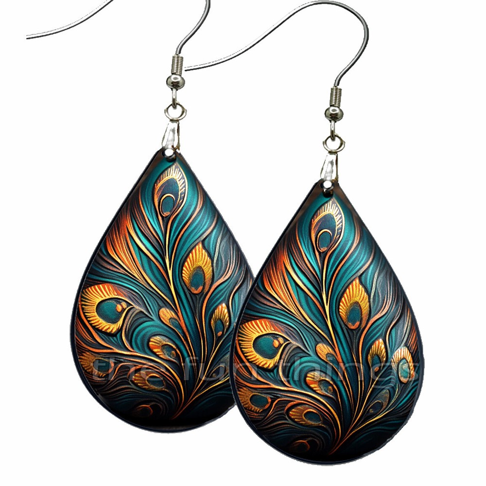 Abstract Art Teal & Gold Swirls Earrings Teardrop NO TARNISH Wood Dangle-image