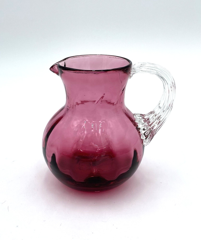 Vintage Pilgrim Cranberry Glass Small Pitcher, Optic Swirl, Applied Handle