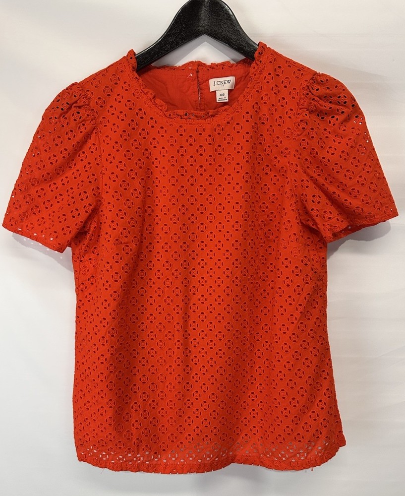 J. Crew Eyelet Puff Sleeve Top Cotton Ruffle Trim Cottagecore Orange Size XS