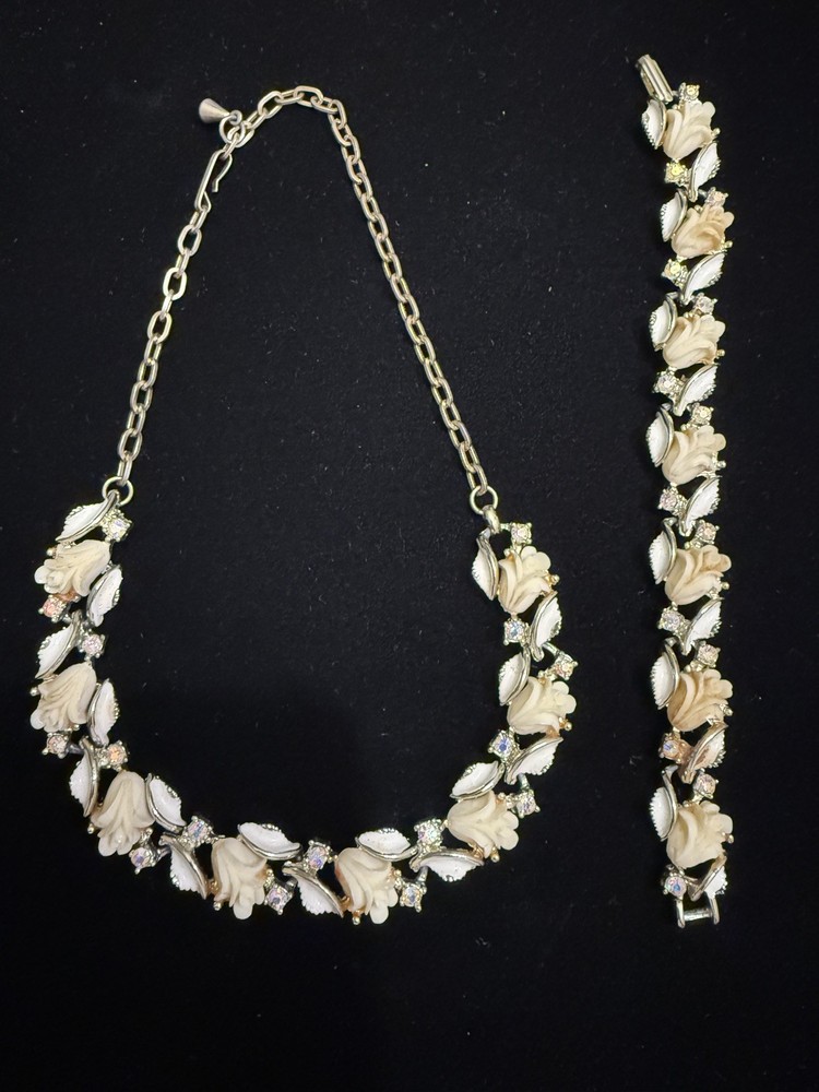 Vintage Celluloid Necklace, Bracelet, Clip-on Earrings Carved Roses  Rhinestones
