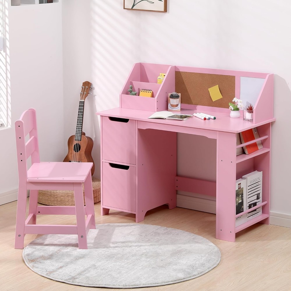 Pink Wooden Kids Study Desk & Chair Set by GarveeHome  