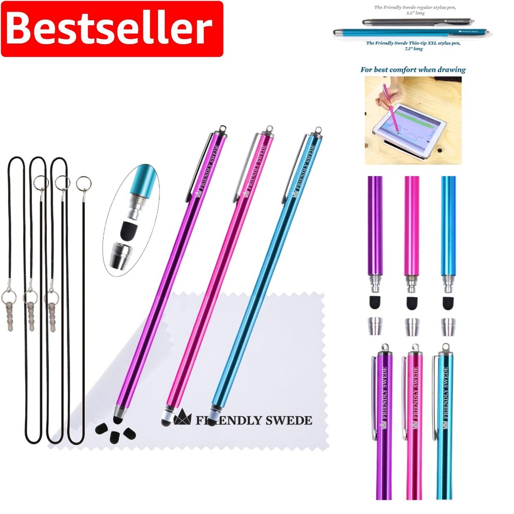 7.3-Inch Extra Long Thin-Tip Stylus Pen 3-Pack for Touchscreens - Pink Purple Blue