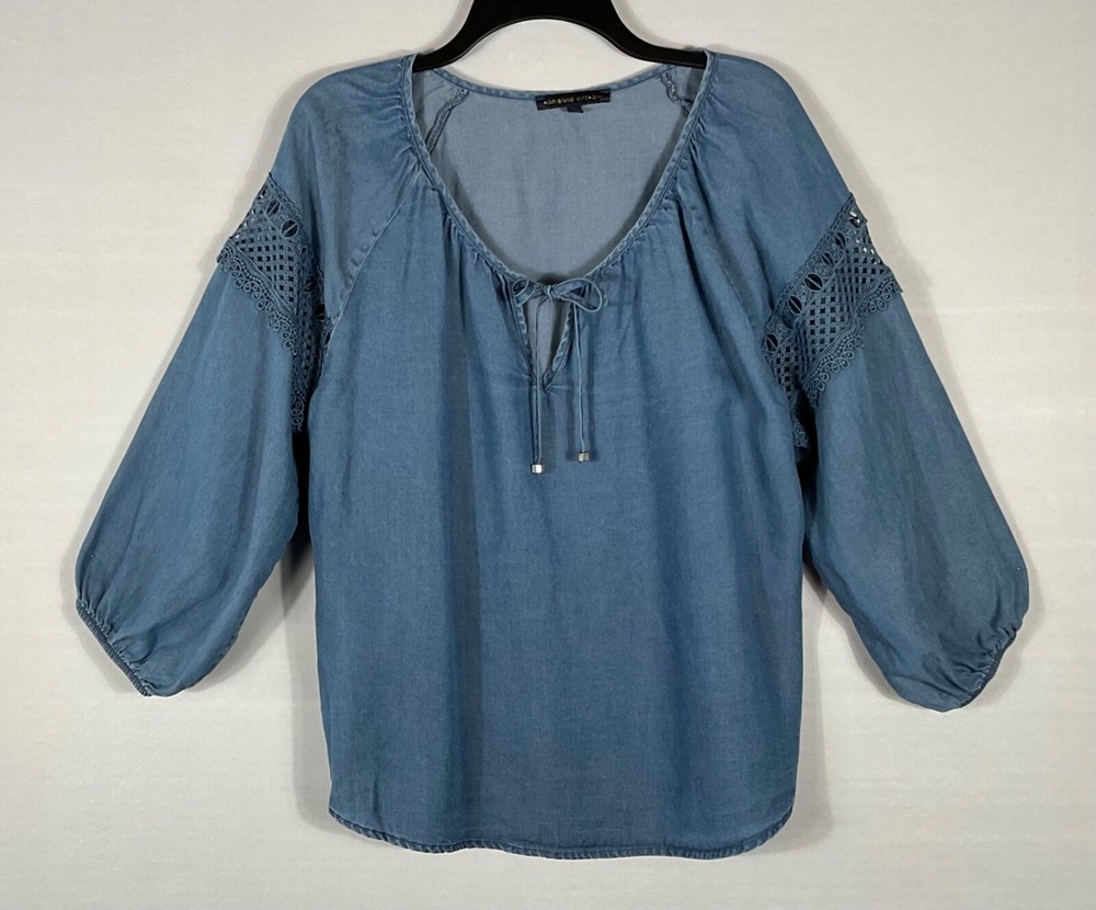 Adrienne Vittadini Top Womens XL Blue Denim Tie Neck 3/4 Lace Trim Sleeves