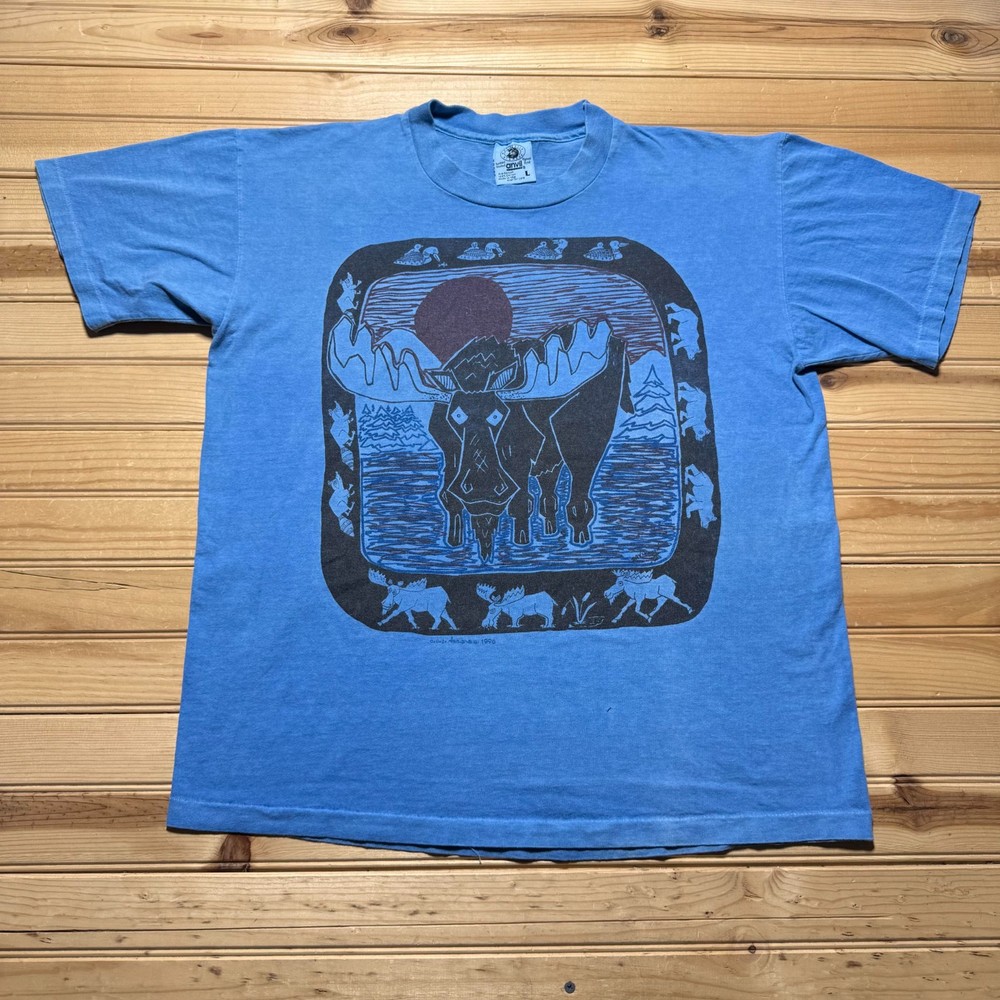Vintage 1996 Moose Bear Raccoon Duck Wildlife Drawing Graphic T-Shirt USA Large