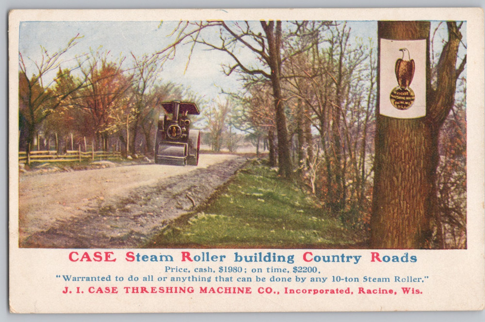 WI Racine JI Case Threshing Machine for Harvesting Steam Roller Ad Postcard
