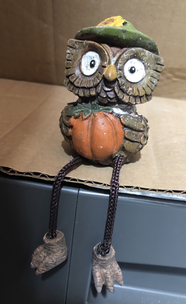 Owl Sunflower Hat Holding Pumpkin Shelf Sitter Figurine Halloween Fall Autumn