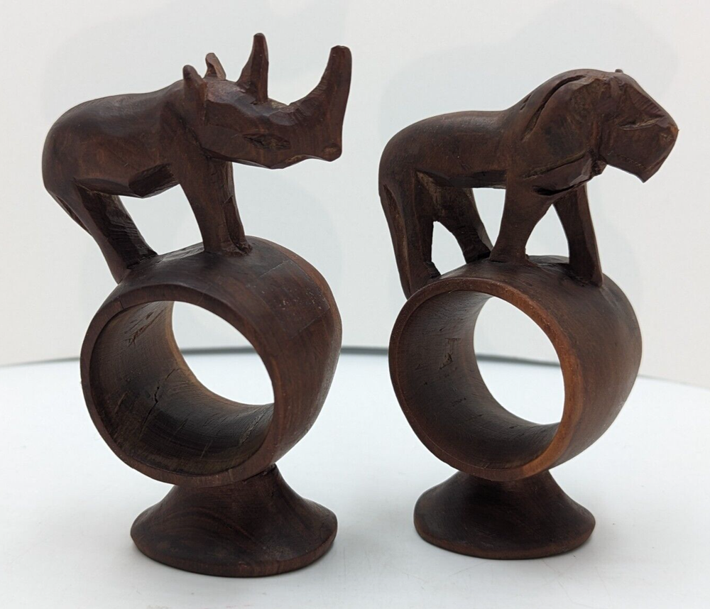 Hand Carved Wooden Napkin Rings African Lion & Rhinoceros Set of 2