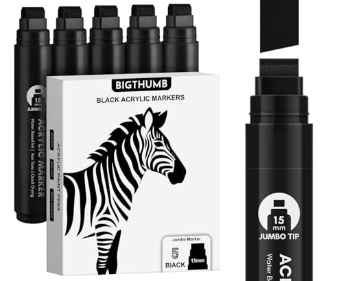 BIGTHUMB Black Poster Markers Jumbo: 5 Pcs 15mm Wide Tip Thick Acrylic Paint ...