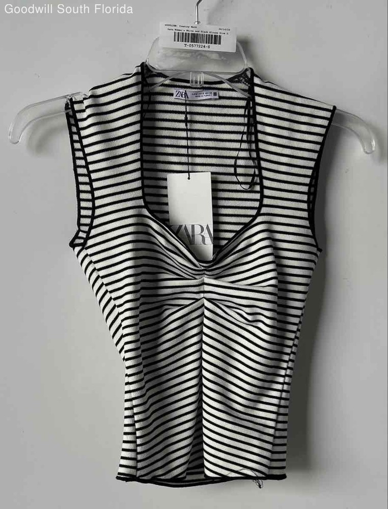 Zara Womens White Black Striped Sleeveless Sweetheart Neck Blouse Top Sz S w/Tag