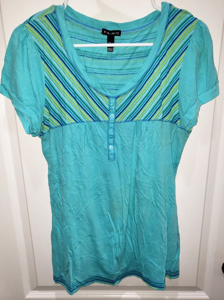 FANG womens blue green TOP SHIRT STRIPES size large short sleeve COTTON