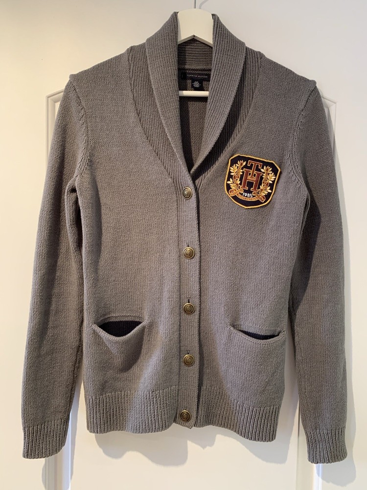 Tommy Hilfiger Grey Crest Cardigan Small Preppy Academia Style with Pockets