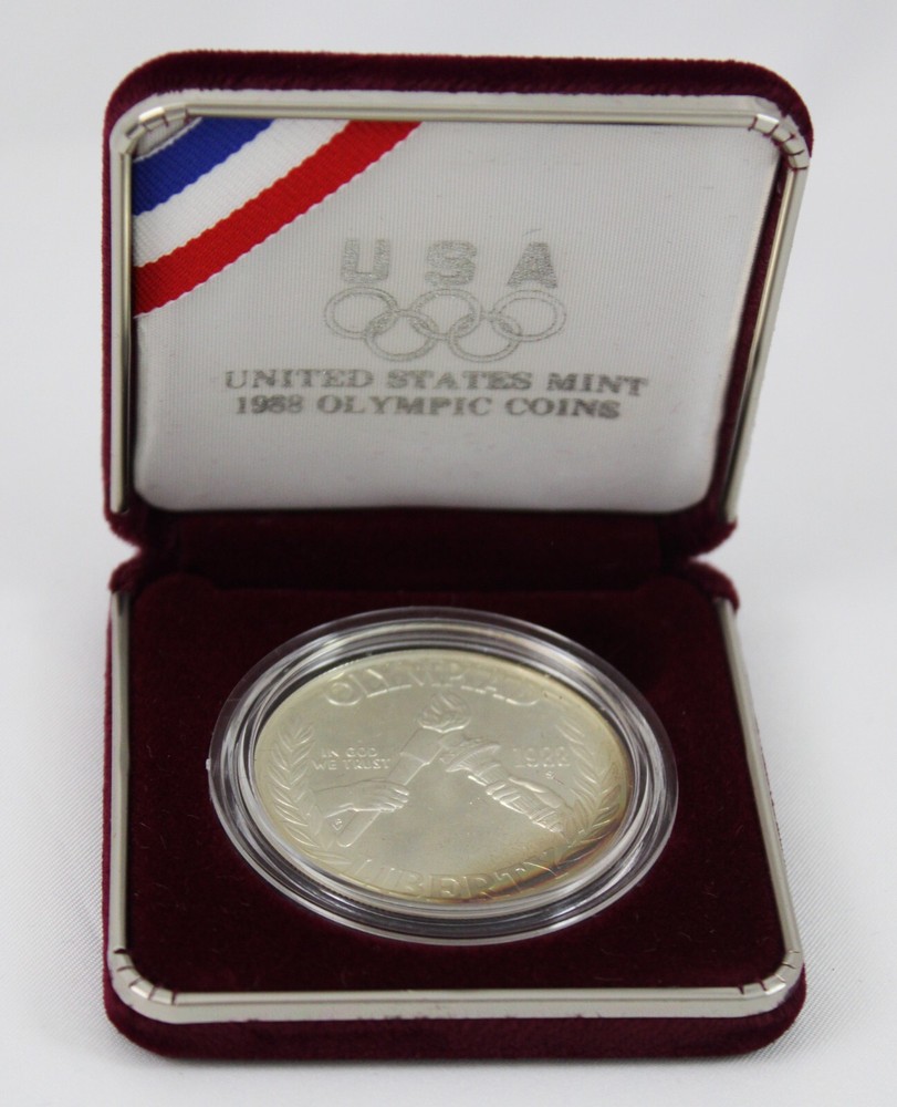 1988 US Mint Olympics Proof Coin 90% Silver Content Box & COA