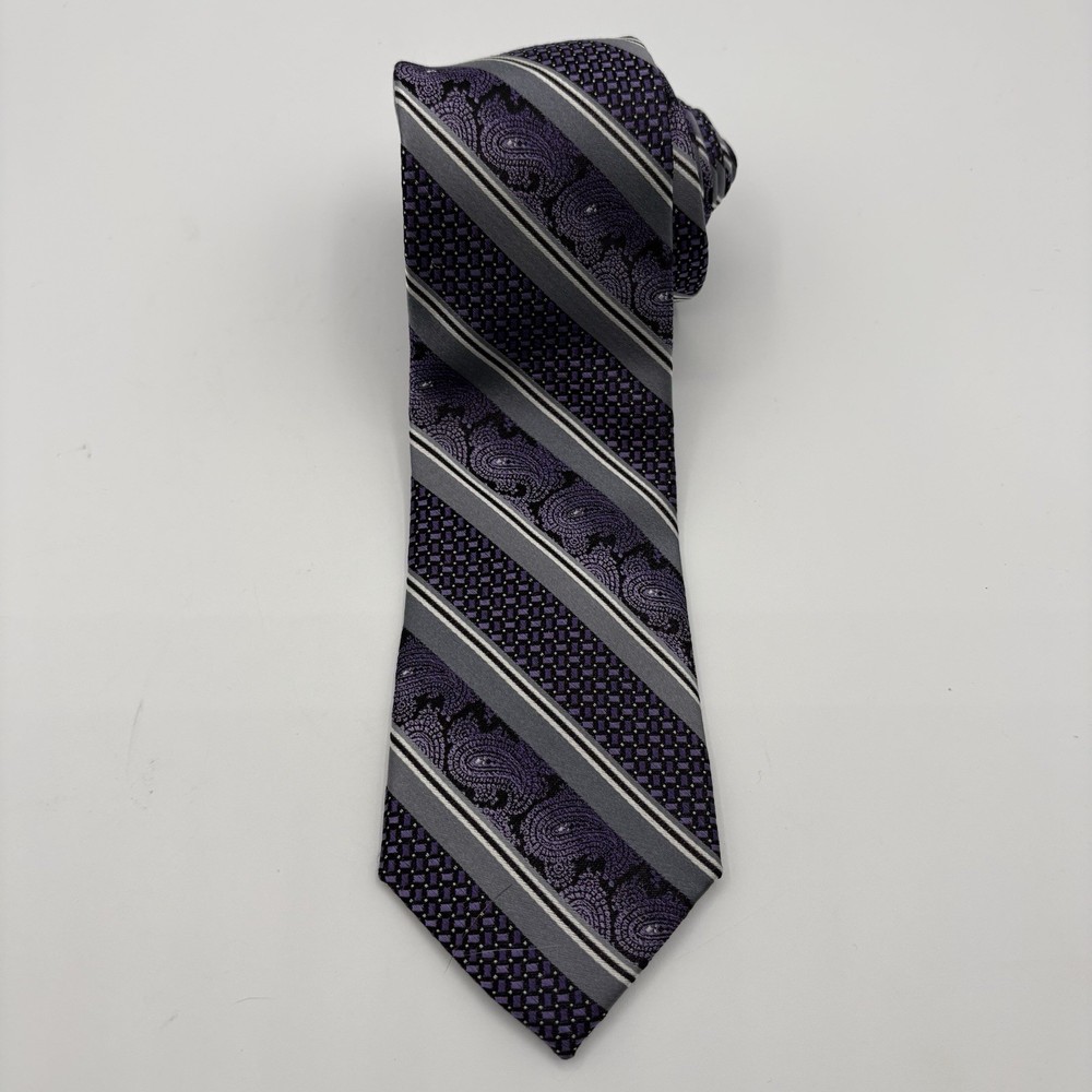 Pronto Uomo Purple Paisley Gray Stripes Men's 100% Silk Necktie Tie