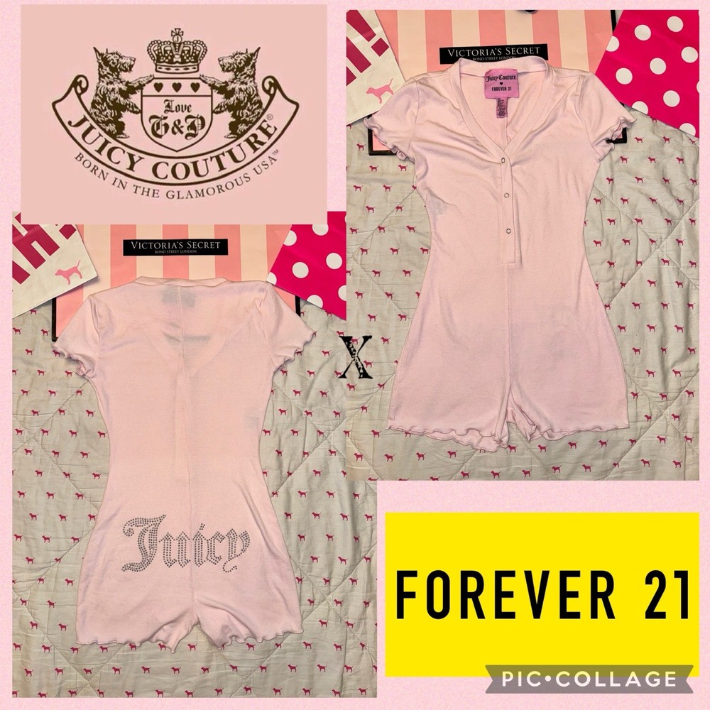 Juicy Couture X Forever 21 Y2K Ribbed Soft Romper Pink Bling Rhinestone Logo Sm￼