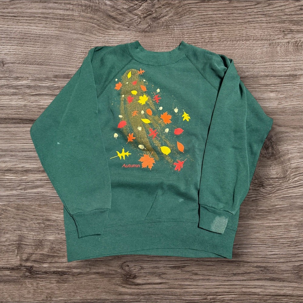 VINTAGE Autumn Graphic Crewneck Sweatshirt Women Small Green USA 90s