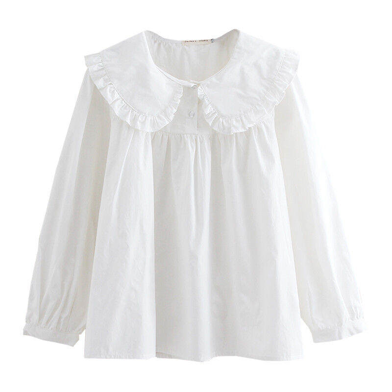 Cute Lolita Cotton Check Shirt with Ruffle Collar Long Sleeve Blouse for Girls