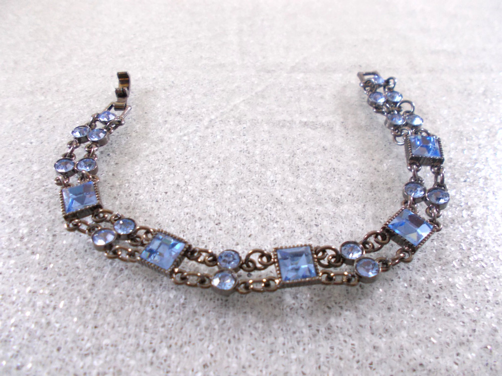 Blue Rhinestone Gun Metal Finish Double Chain Bracelet Free Shipping