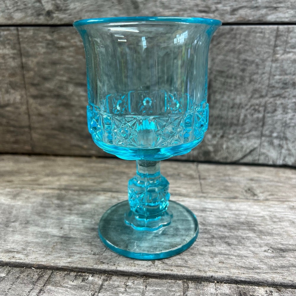 Vintage Aqua Blue Pressed Glass Goblet Paneled Diamond Band Wine