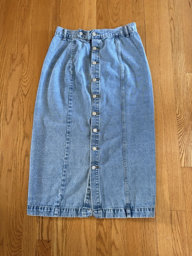 Denim Women's Seamed Button Down Pencil Skirt Midi Light Wash Size Large