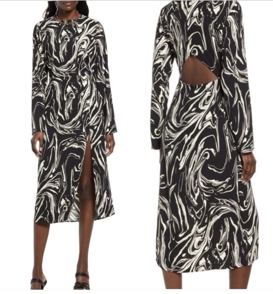 Open Edit MARBLED LONG SLEEVE MIDI DRESS BLACK SWIRL MARBLE open back pockets