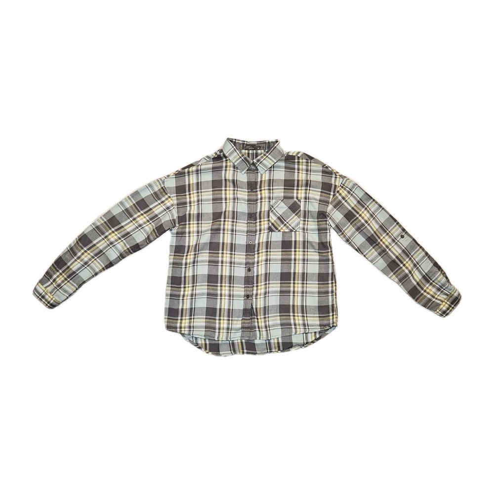 prAna Women's Medium Aqua Gray Yellow Plaid Flannel Button Down Organic Cotton