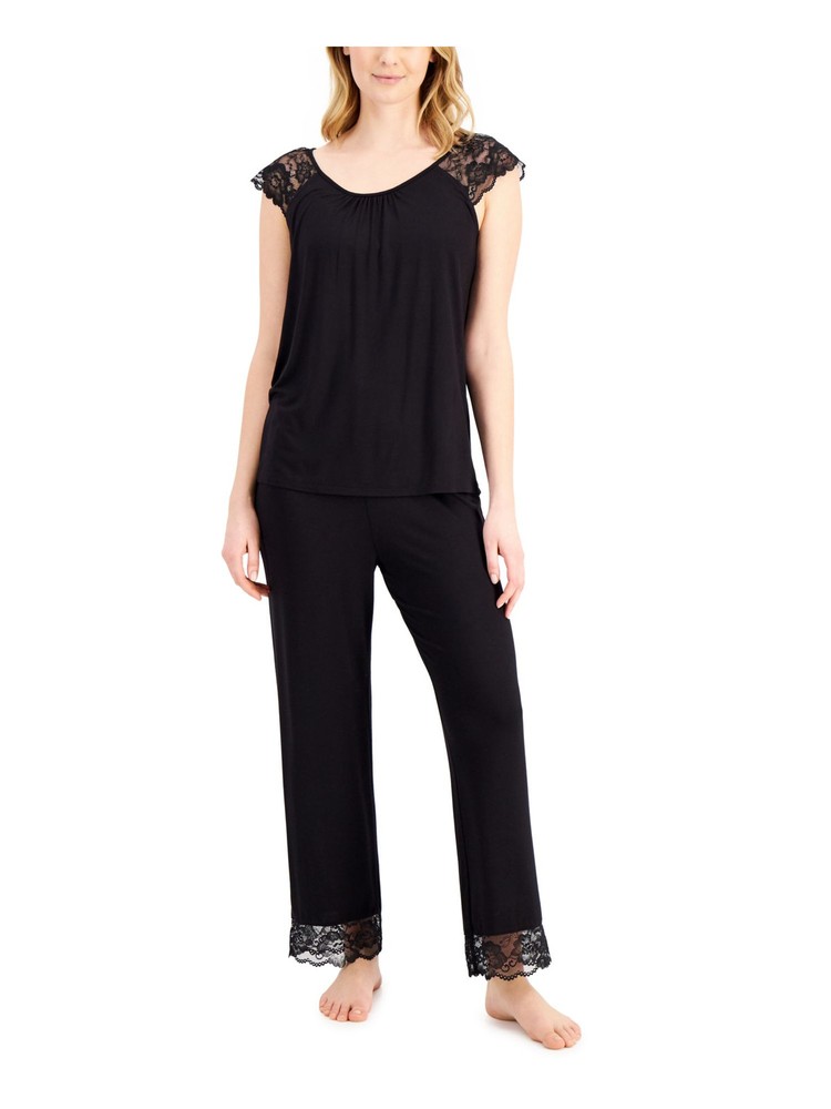 CHARTER CLUB Womens Black T-Shirt Top Straight leg Pants Knit Pajamas S