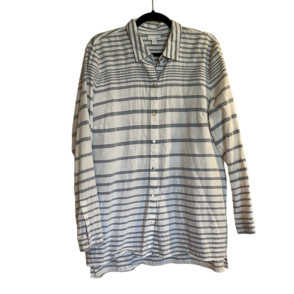 J. Jill Button Down Blouse Shirt Long Sleeve Blue White Stripe 100% Cotton Large