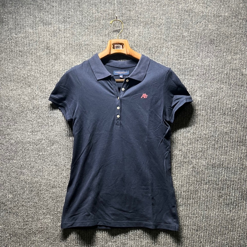 Aeropostale Polo Shirt Womens Large Navy Blue A87 Logo Short Sleeve Slim Fit Top