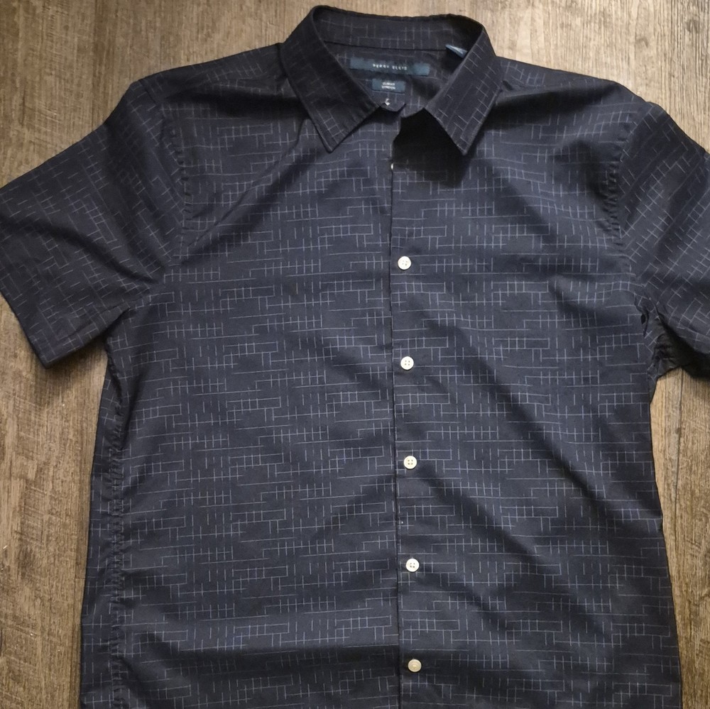 Perry Ellis Men's Blue Geometric Short Sleeve Slim Fit Stretch Button-Up, M
