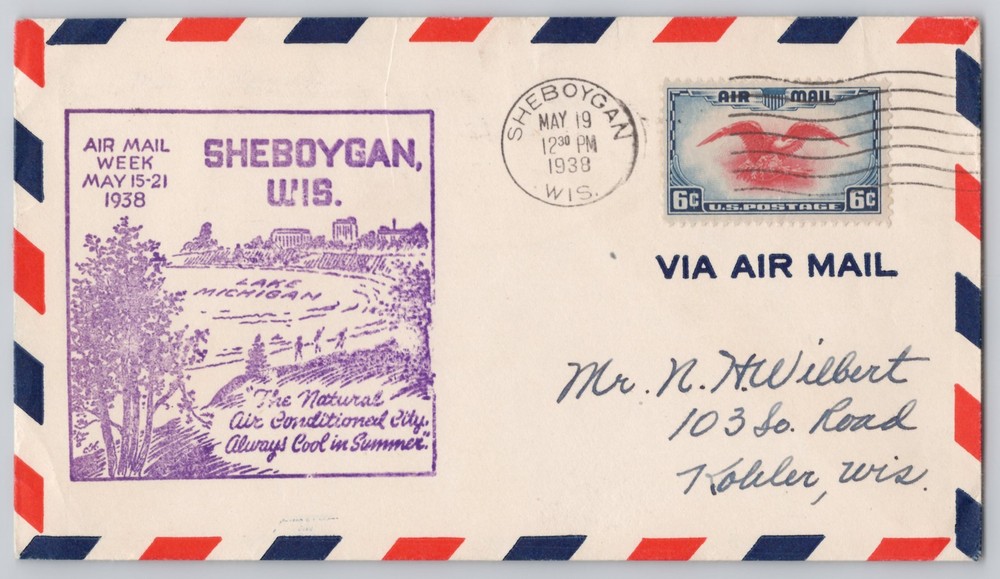 Sheboygan, Wis Lake Michigan shoreline, Air Mail Week cachet, 1938 6c