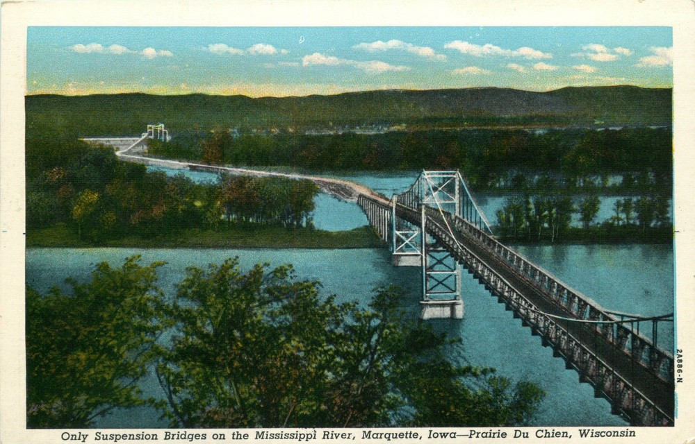Only Suspension Bridge on Mississippi Marquette IO Prairie Du Chien, WI Postcard