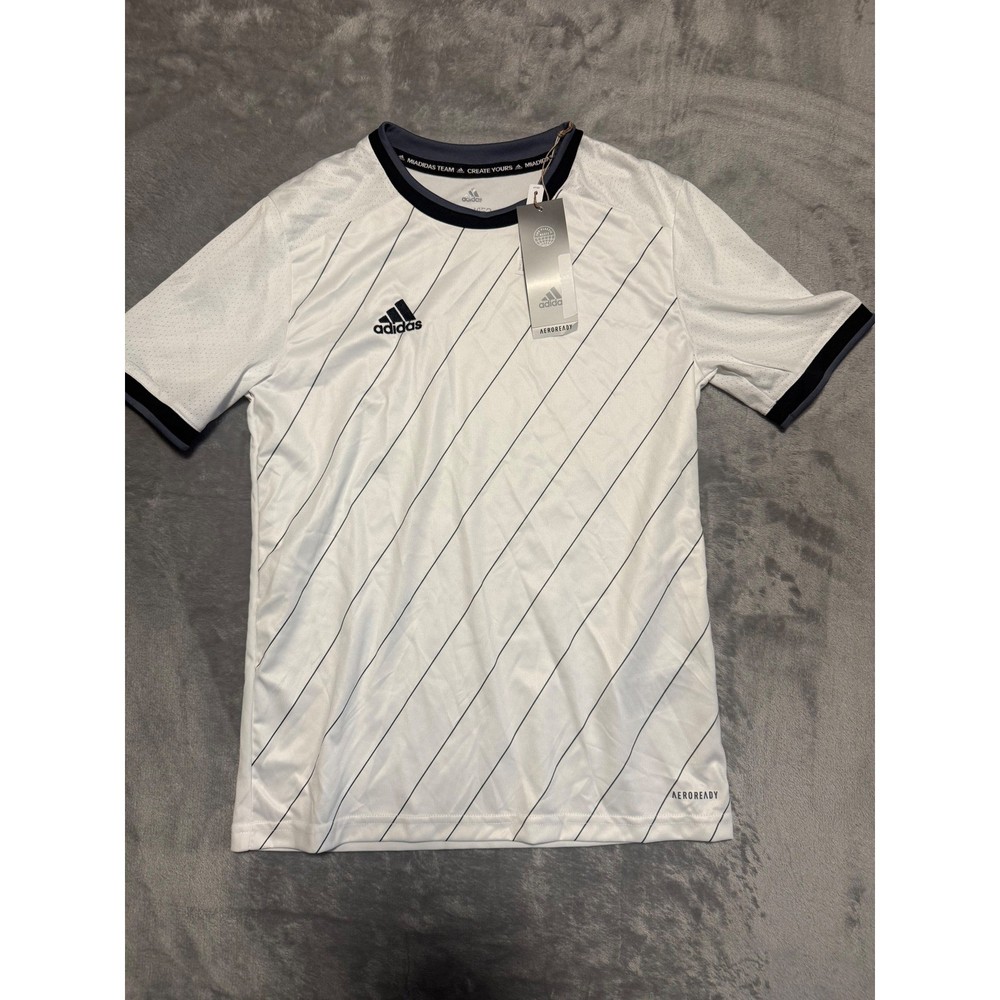 Adidas Soccer Jersey Kids 11-12Y White Aeroready Striped Miadidas Team Shirt