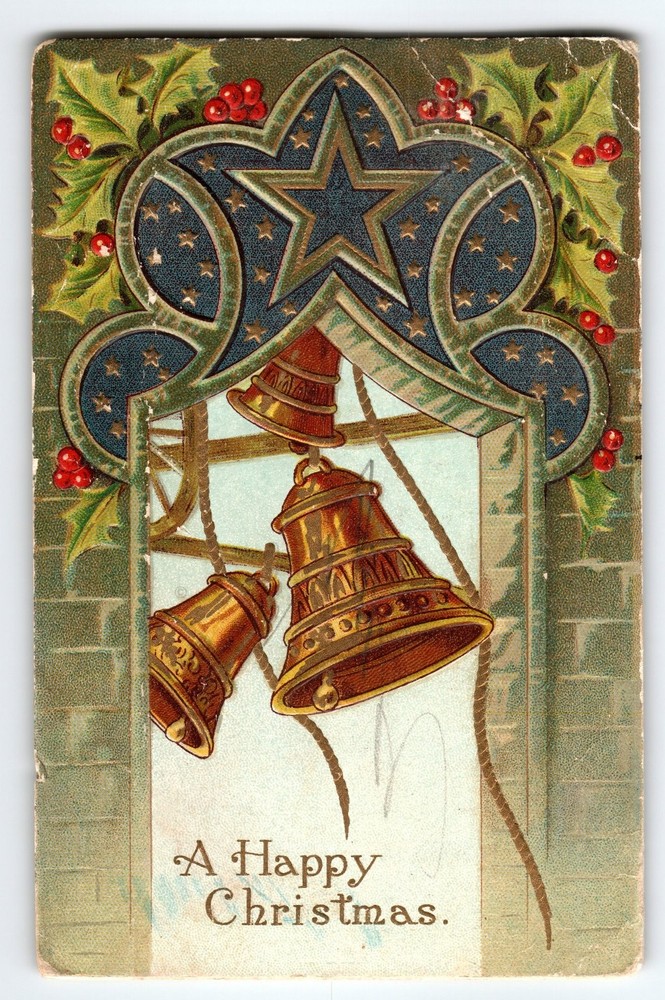 Vintage Embossed Christmas Bells Postcard with Holly Berries 1910