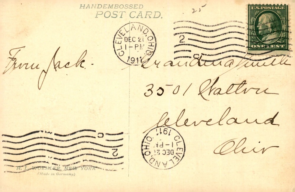 Handembossed Fanufack, New York, 1911 Zandona, Happy New Year Postcard