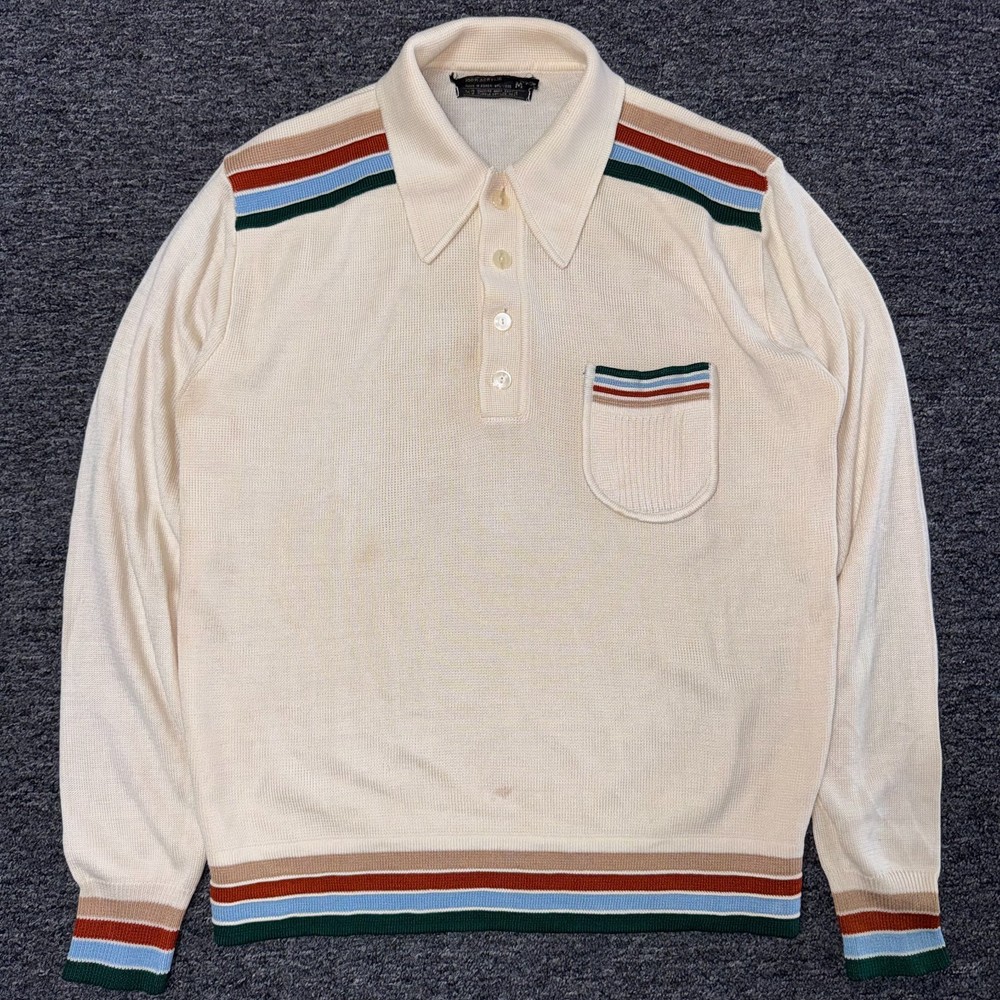 Vintage 70s JCPenney Knit Pullover Collared Striped Sweater Mens M Multicolor