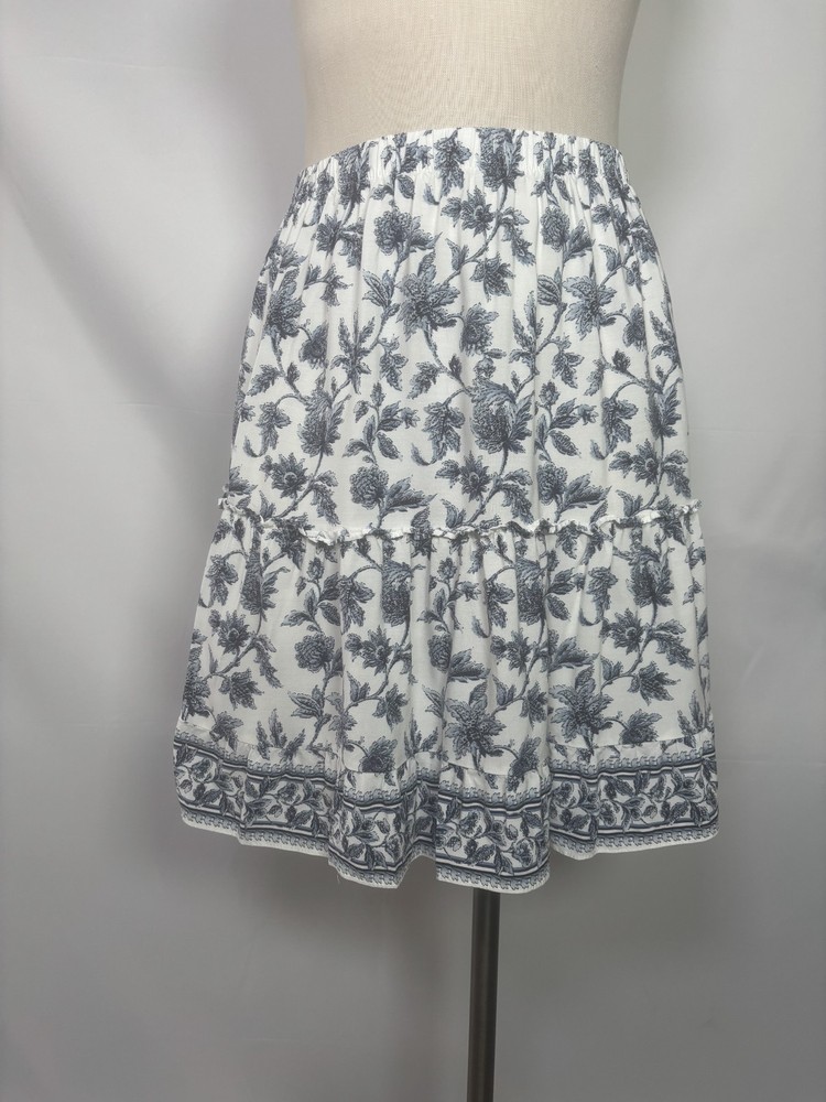 Max Studio Floral Above Knee Mini Skirt Tiered Casual Women's Size S White Blue