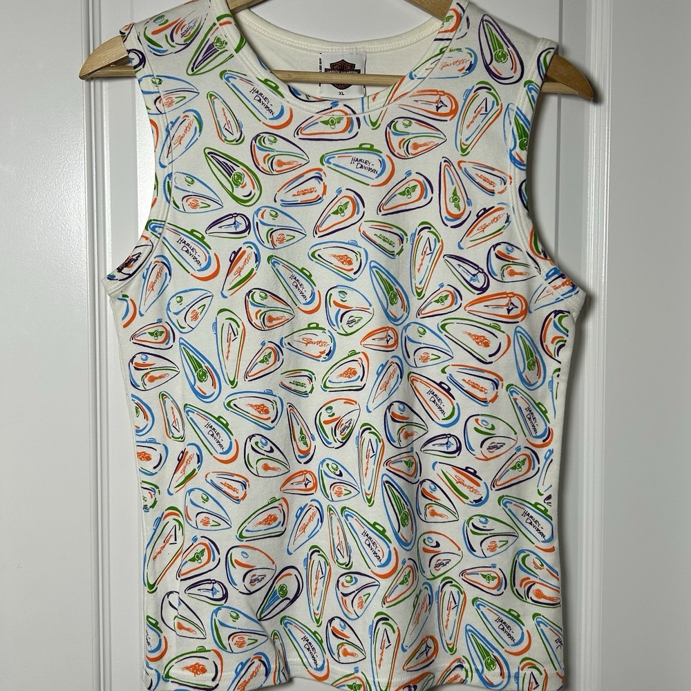 Harley Davidson Vintage Multicolor Motorcycle Gas Tank Print Tank Top Y2K Style